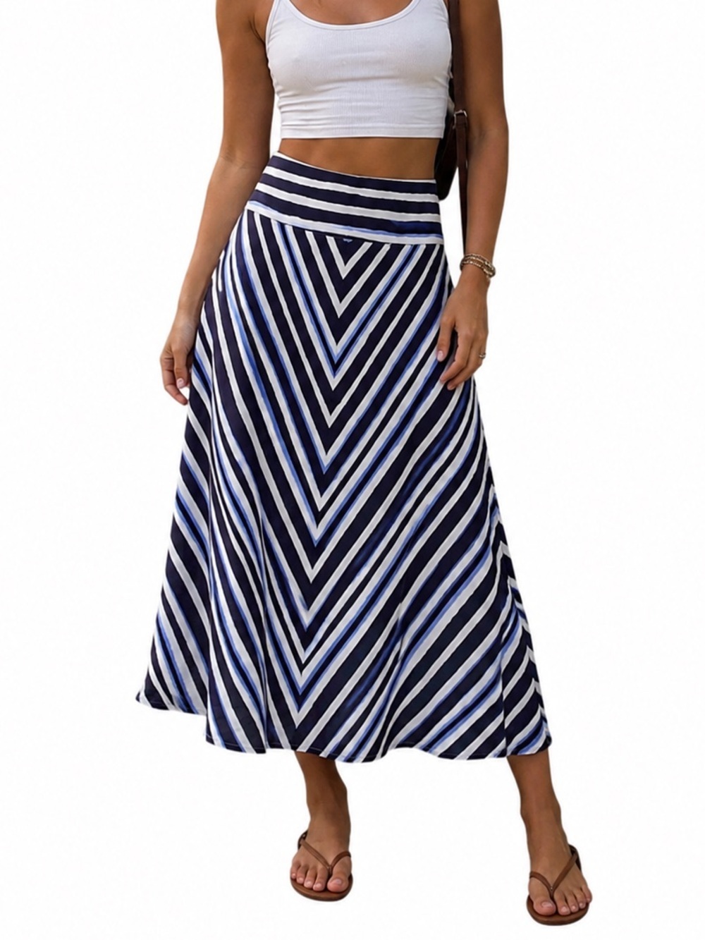 Boho Chevron Stripe Linen Feel Midi Skirt Blue Black White Small